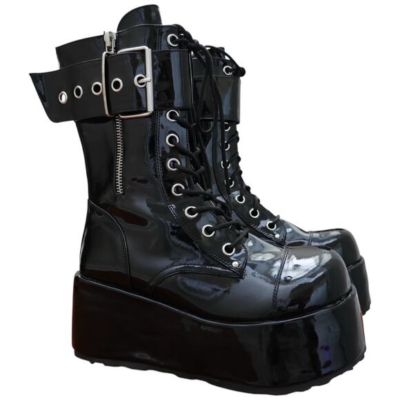 Demonia Petrol 150 Unisex Visit Buckle Platform Boots Black Mens Size 10 - Picture 1 of 16